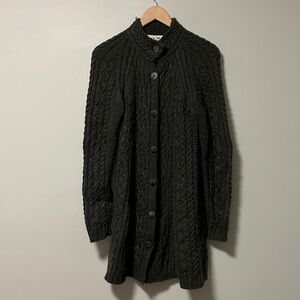 Aran Mor 100% Merino Wool Green Cable Knit Long Cardigan